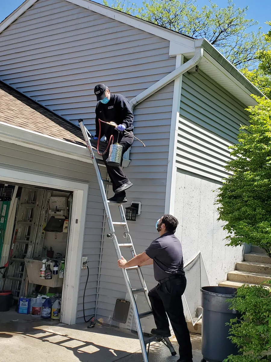 Two Marrone technicians treating the eave of a New Jersey home from a ladder